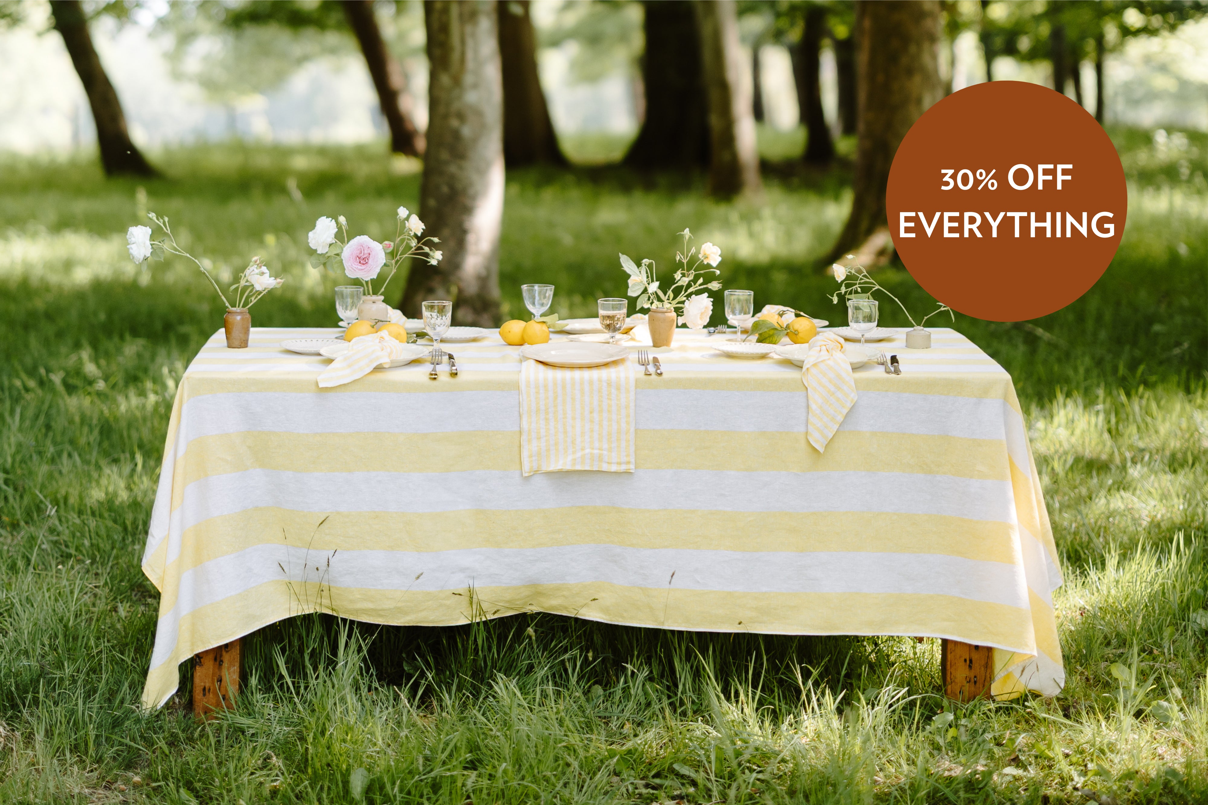 Outdoor table setting with a striped tablecloth, flowers, and glasses in a grassy area.